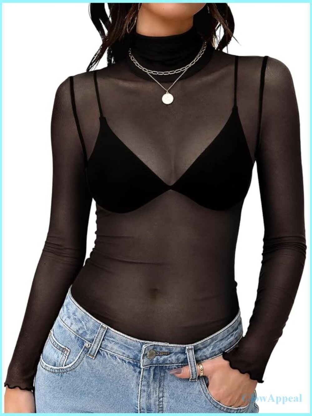 Long Sleeve Mesh Turtleneck Sheer Top Layering Tee Shirt